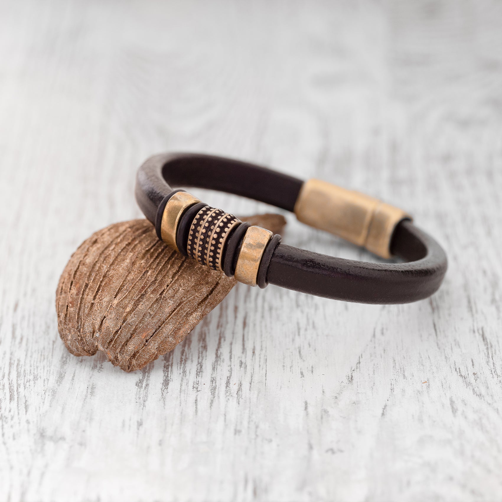 Black Leather Brass Bracelet, Durable Magnetic Clasp, Unisex