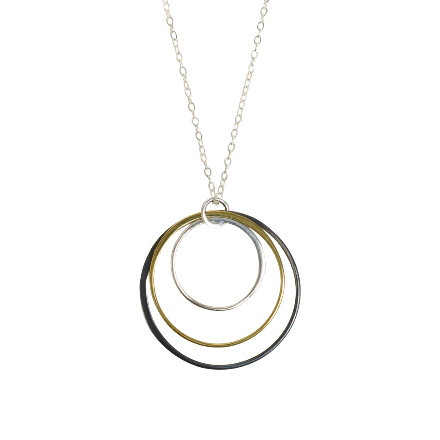 Necklace with three interlocking rings in gold, silver, and black on a white background