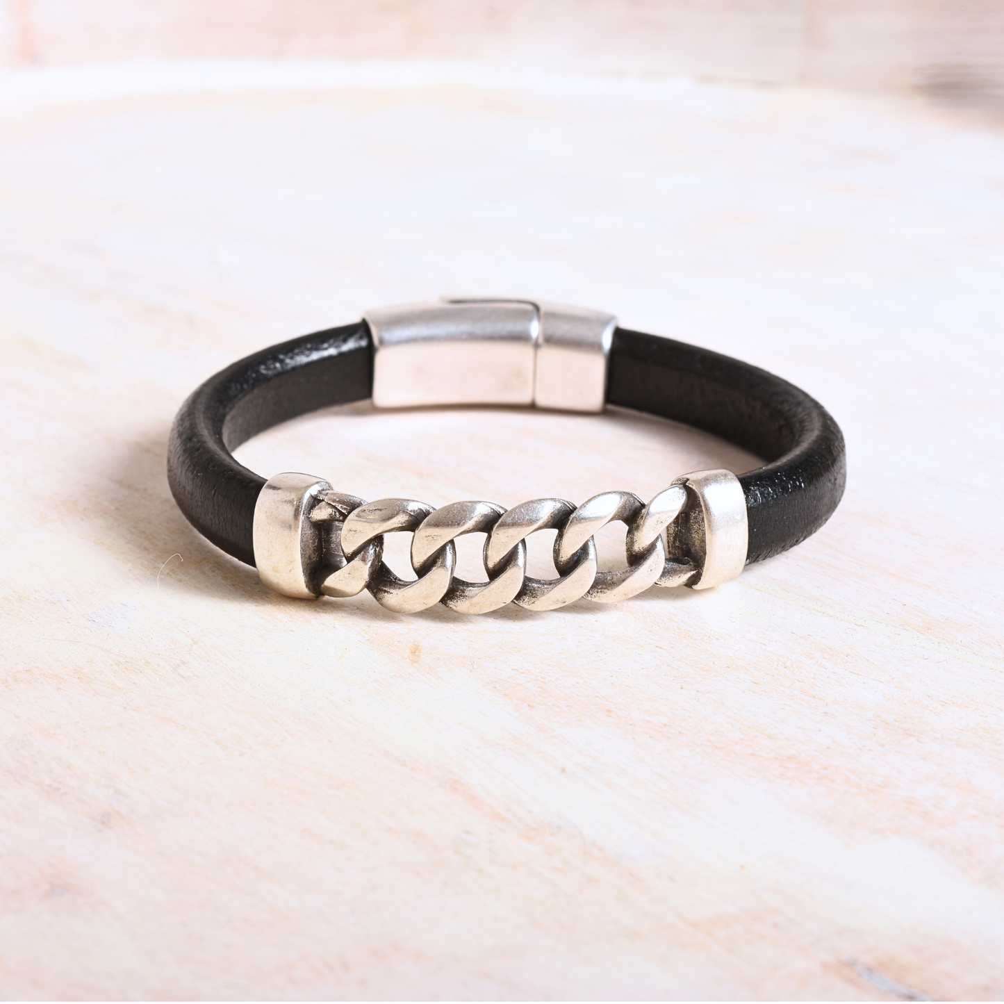 Chain and Black Leather Bracelet