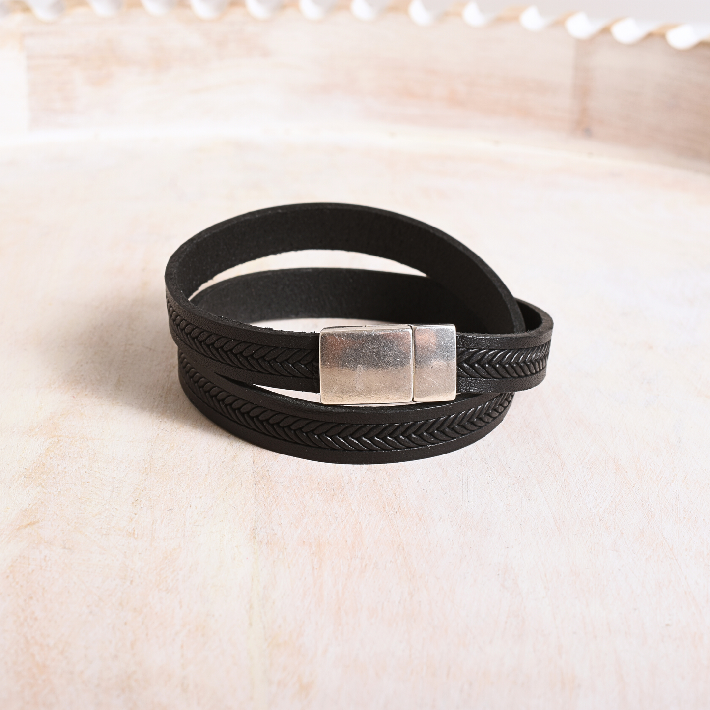 Black Leather Patterned Wrap Bracelet