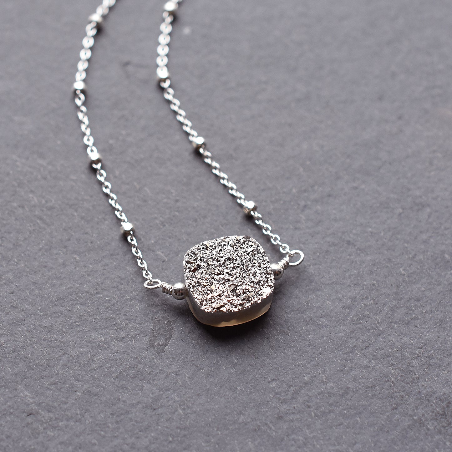 Silver Square Druzy Geode Necklace