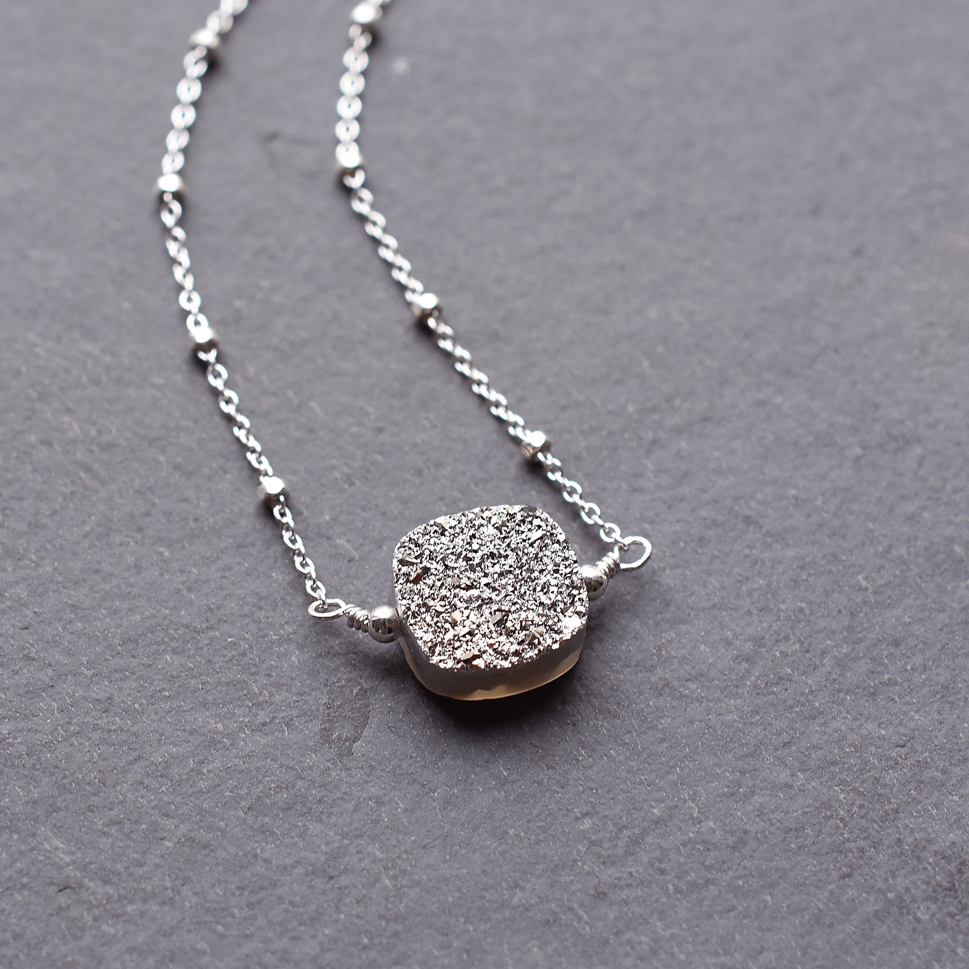 Silver Square Druzy Geode Necklace 