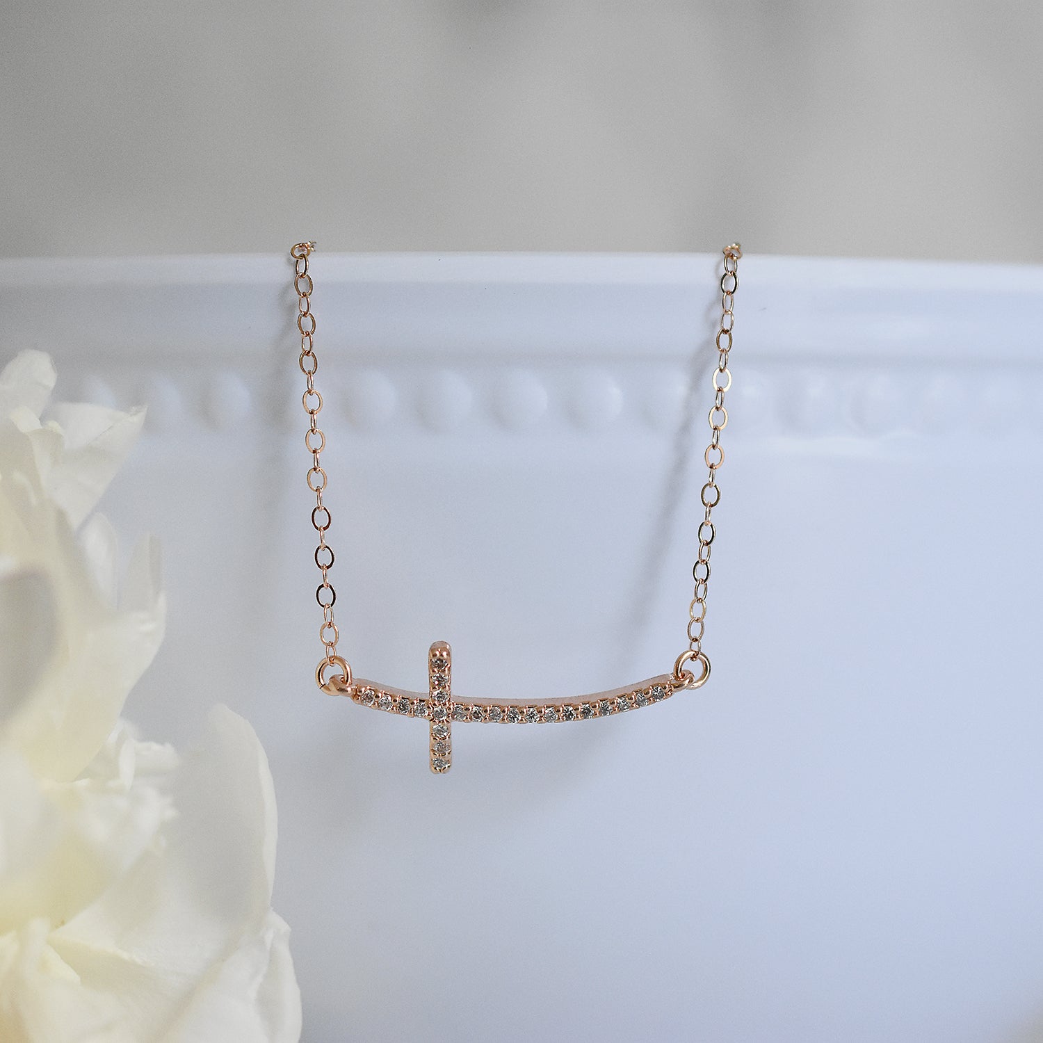 Rose Gold Sideways Cross Necklace 