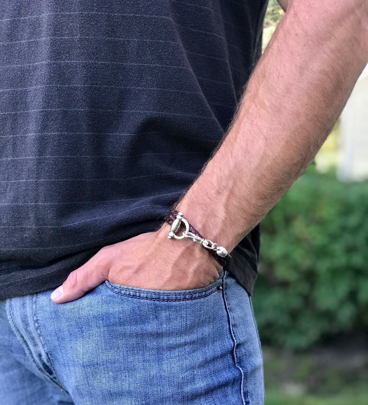 Model Wearing Leather Bracelet