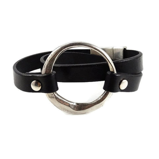 Silver & Black Leather Statement Bracelet 