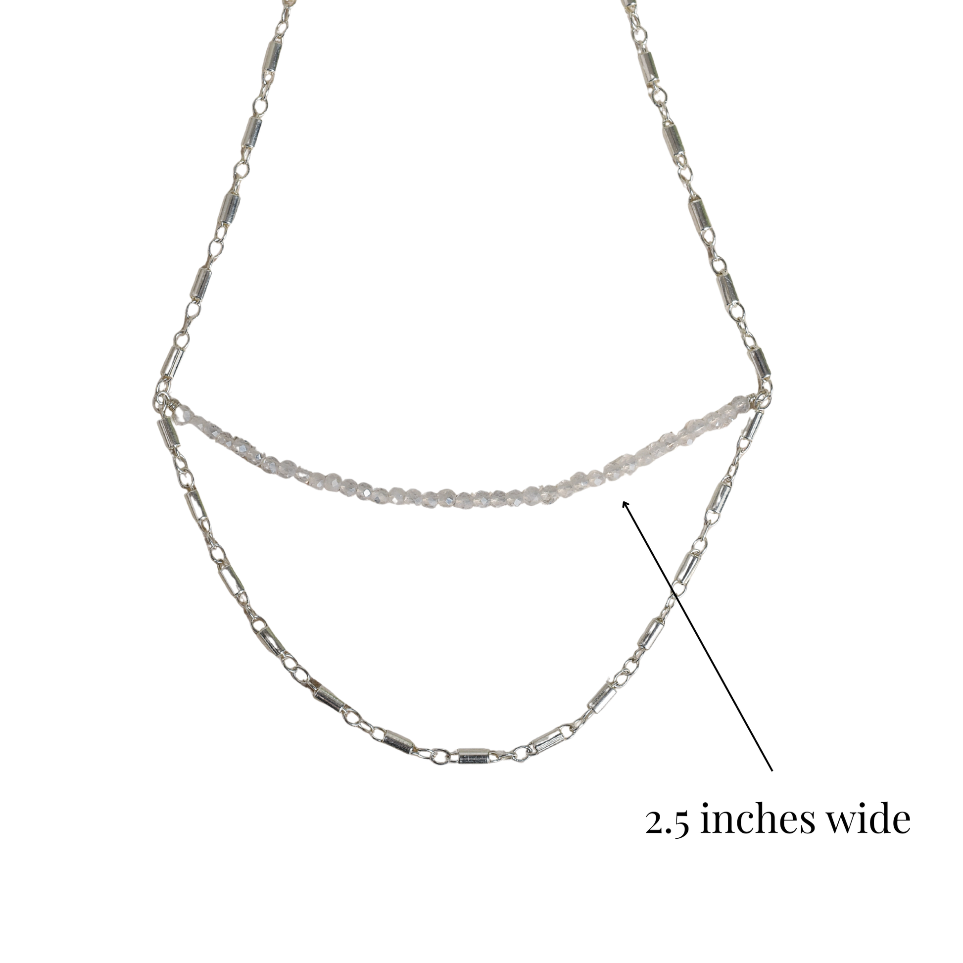 Silver chain necklace on a white background with measurement label