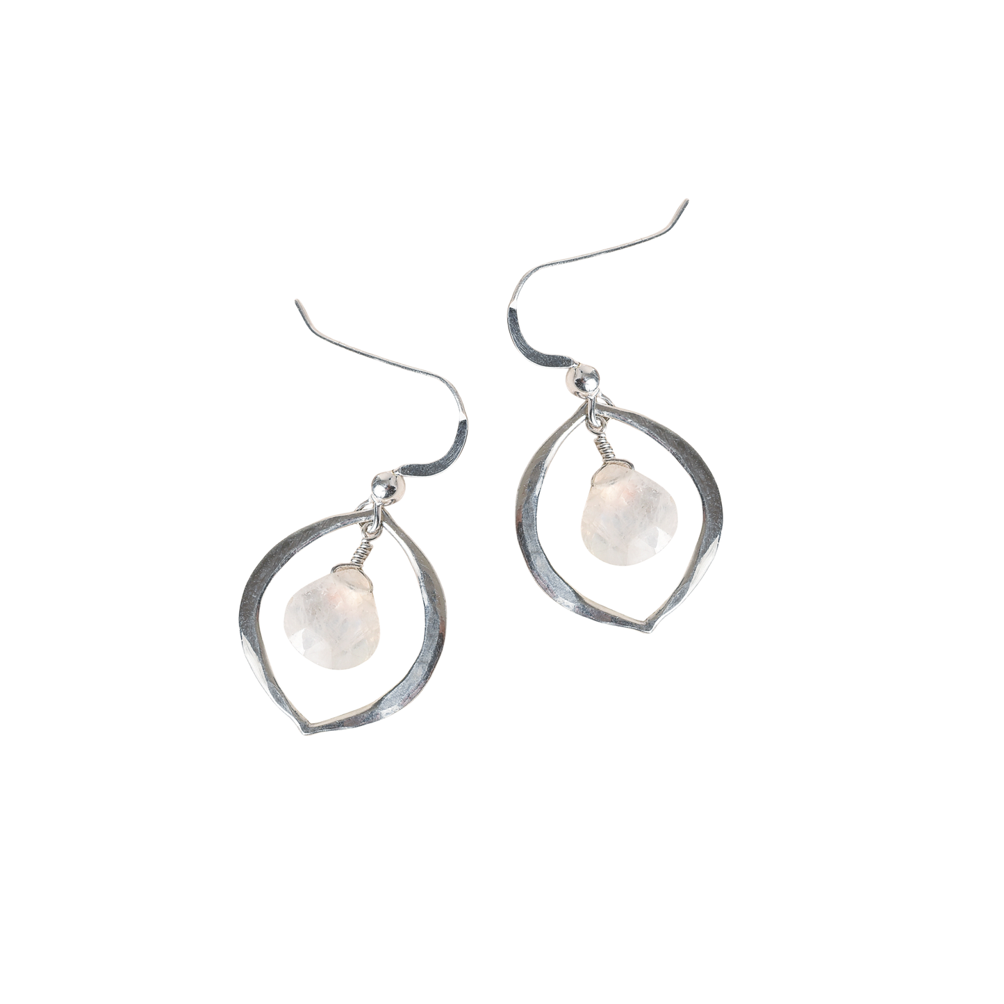 Silver earrings with moonstone on a white background