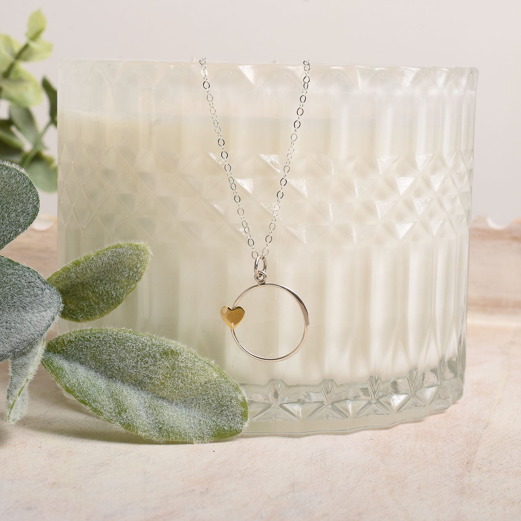 Necklace with a heart pendant on a textured glass surface with green leaves in the background