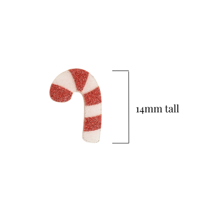 A visual measurement of the height of a candy cane stud earring.