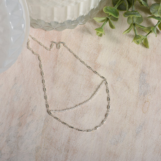 Silver necklace on a light wooden surface with green leaves in the corner