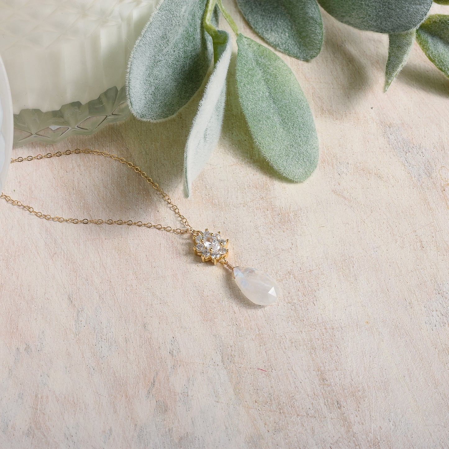 Delicate gold necklace with moonstone for brides to be