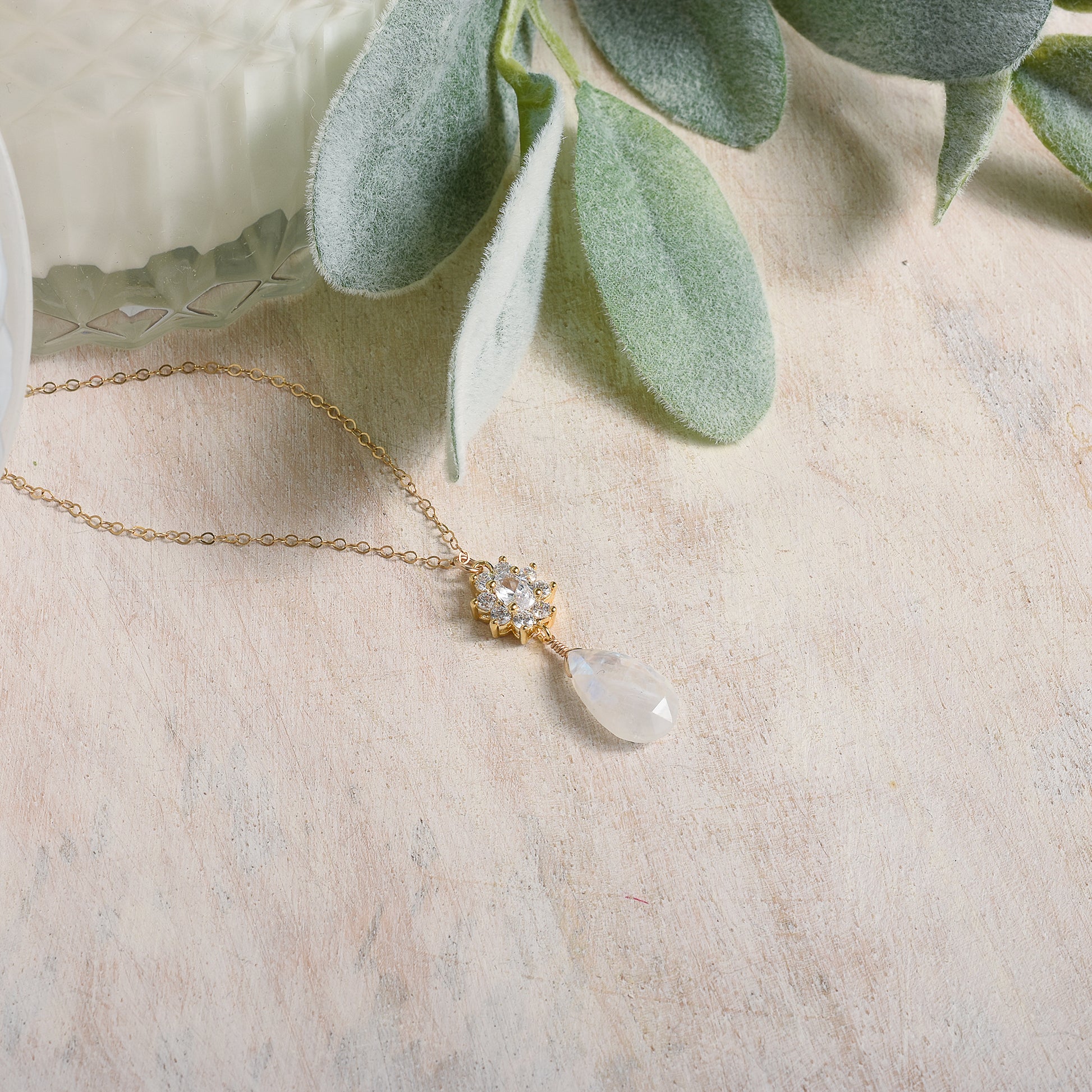 Delicate gold necklace with moonstone for brides to be