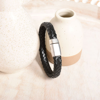Hypoallergenic metal clasp free of cadmium, lead and nickel with black leather for men.