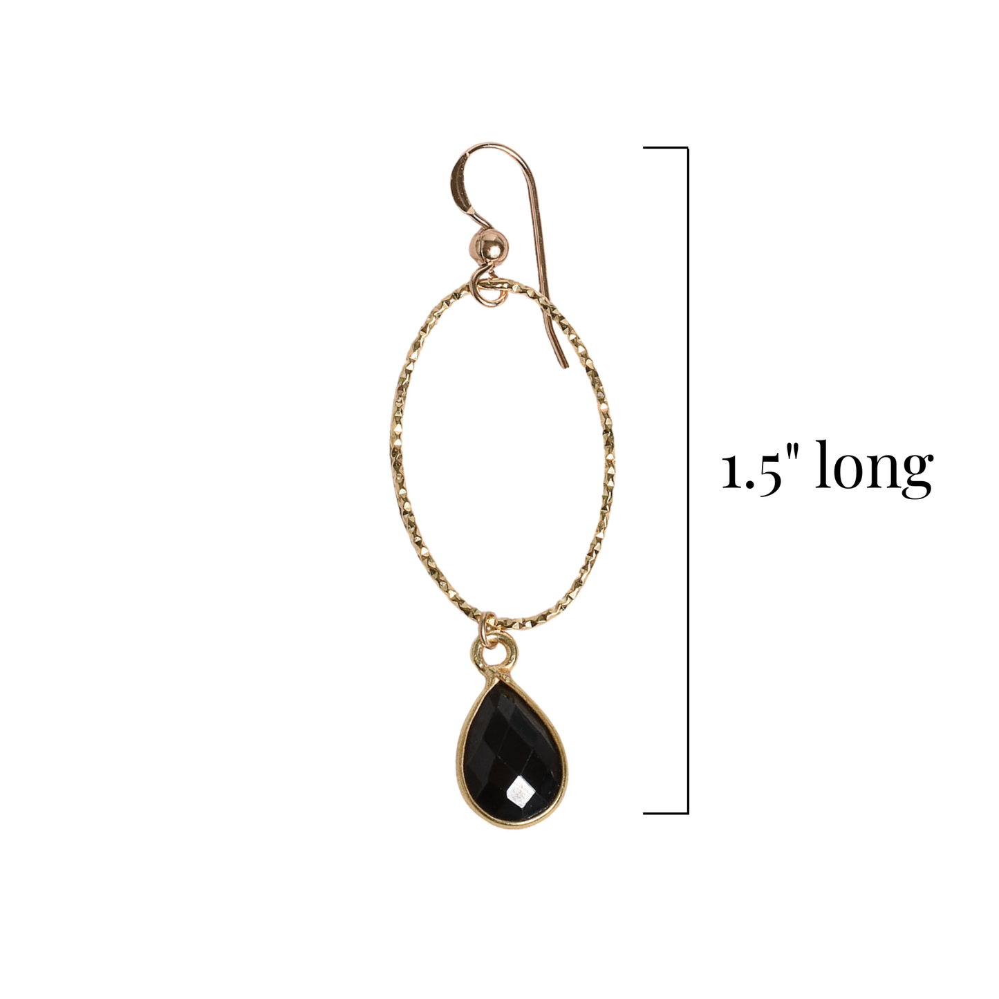 Gold earring with a black spinel teardrop pendant on a white background