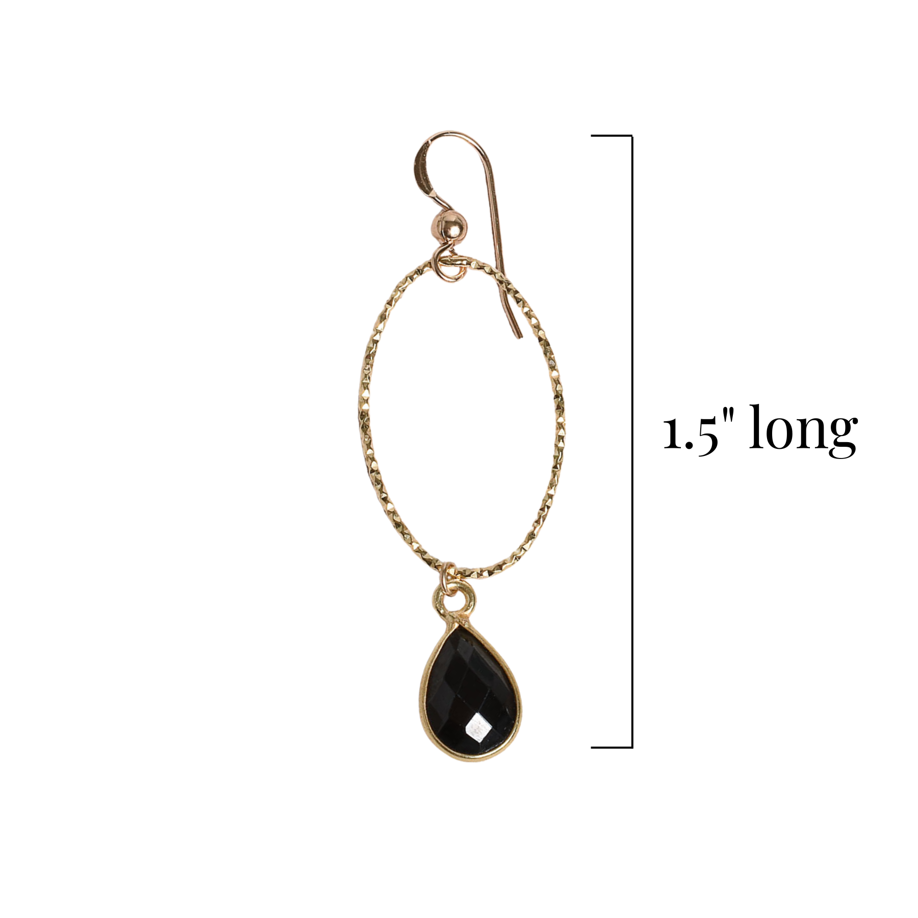 Gold earring with a black spinel teardrop pendant on a white background