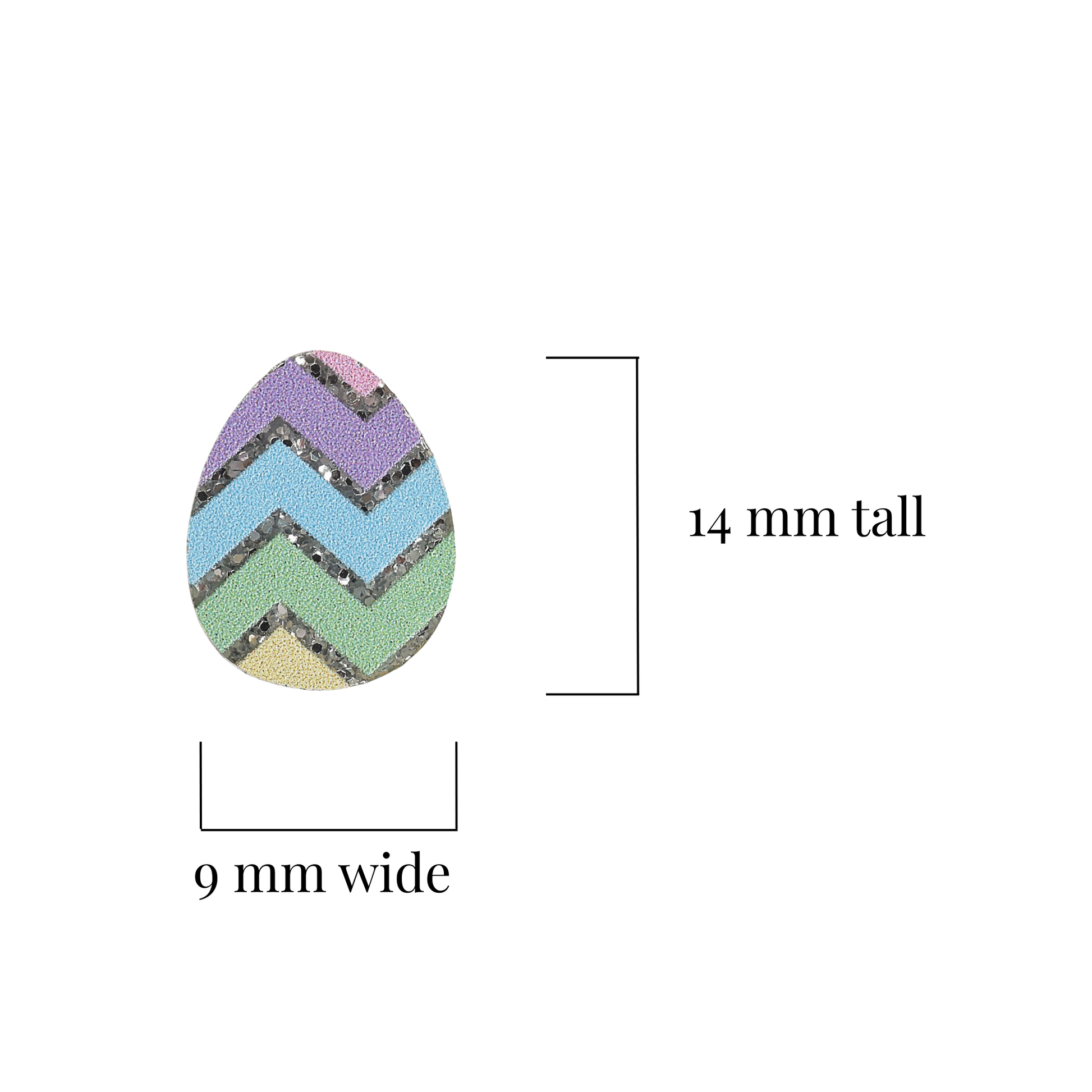 A small decorative egg-shaped earring with a multicolor chevron pattern in purple, blue, green, and beige, shown with measurement labels indicating 14 mm tall and 9 mm wide on a white background.