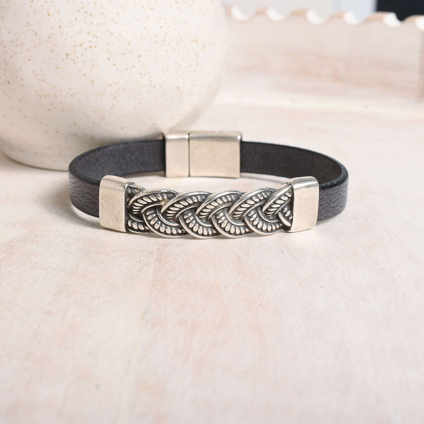 Men's Braided Silver Gray Leather Bracelet