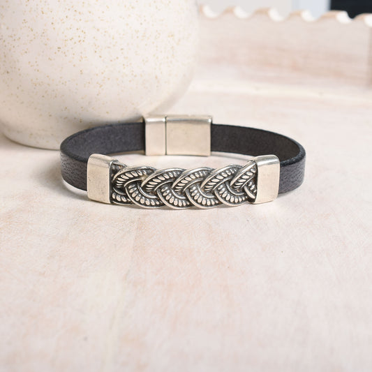Men's Braided Silver Gray Leather Bracelet