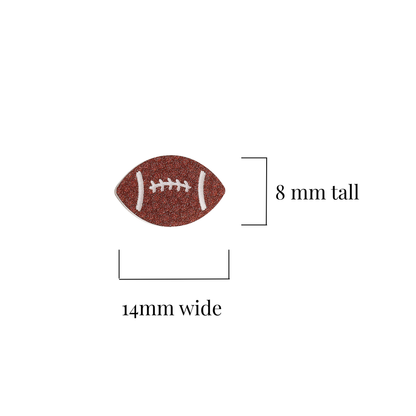 A small football-shaped earring with white lacing details, shown on a white background with measurement labels indicating 8 mm tall and 14 mm wide.