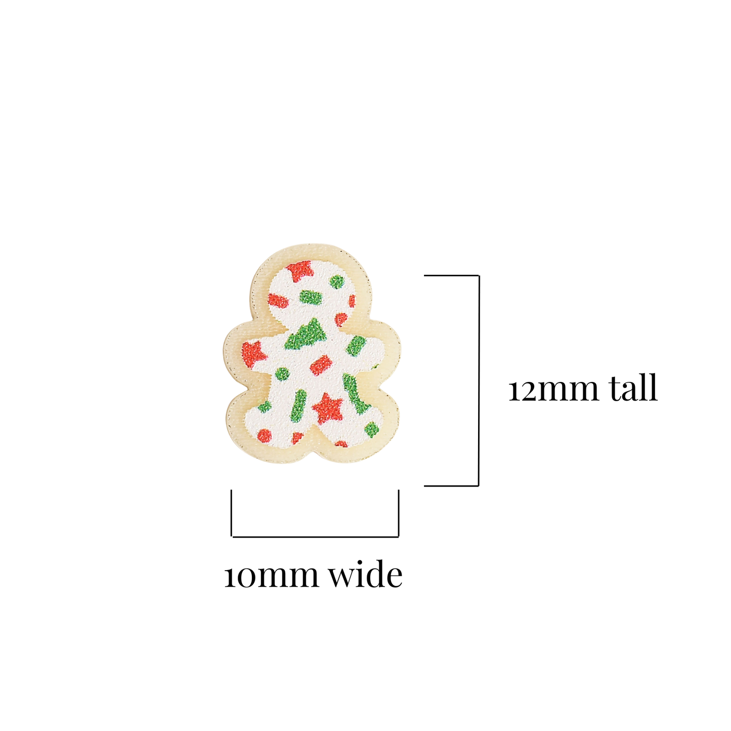 A small gingerbread shaped decorative earring with white icing and red and green sprinkles, shown on a white background with measurement labels indicating 12mm tall and 10mm wide.