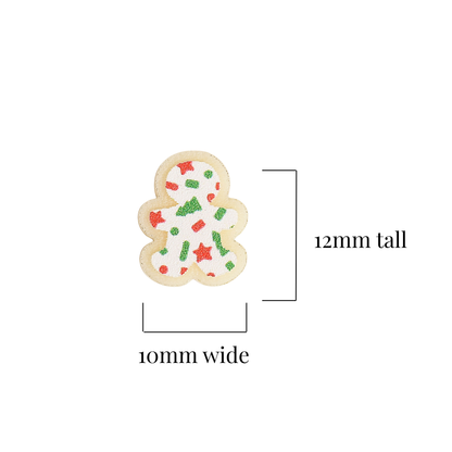 A small gingerbread shaped decorative earring with white icing and red and green sprinkles, shown on a white background with measurement labels indicating 12mm tall and 10mm wide.