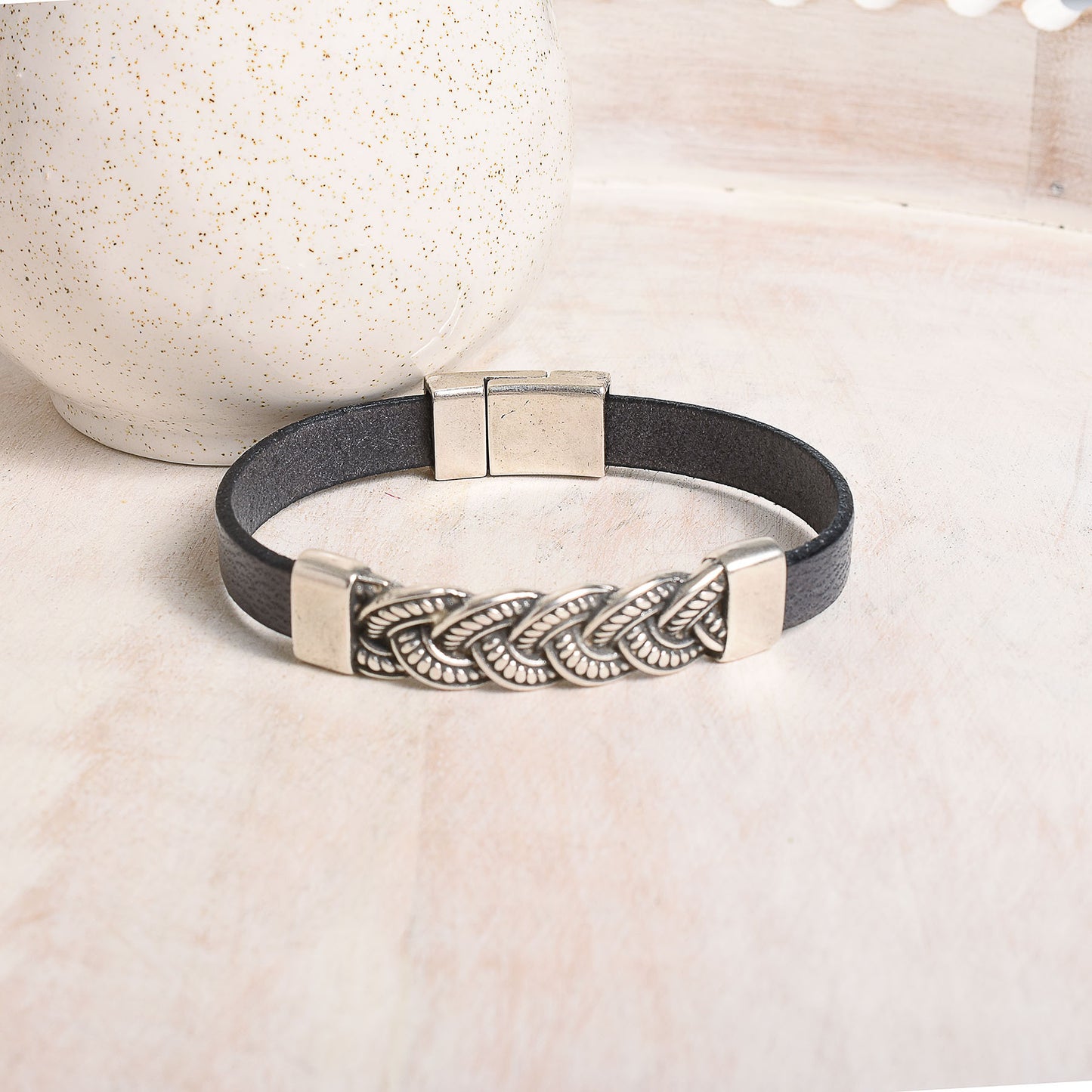 Men's Braided Silver Gray Leather Bracelet