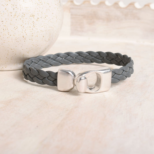 Slate grey leather braided bracelet with metal clasp