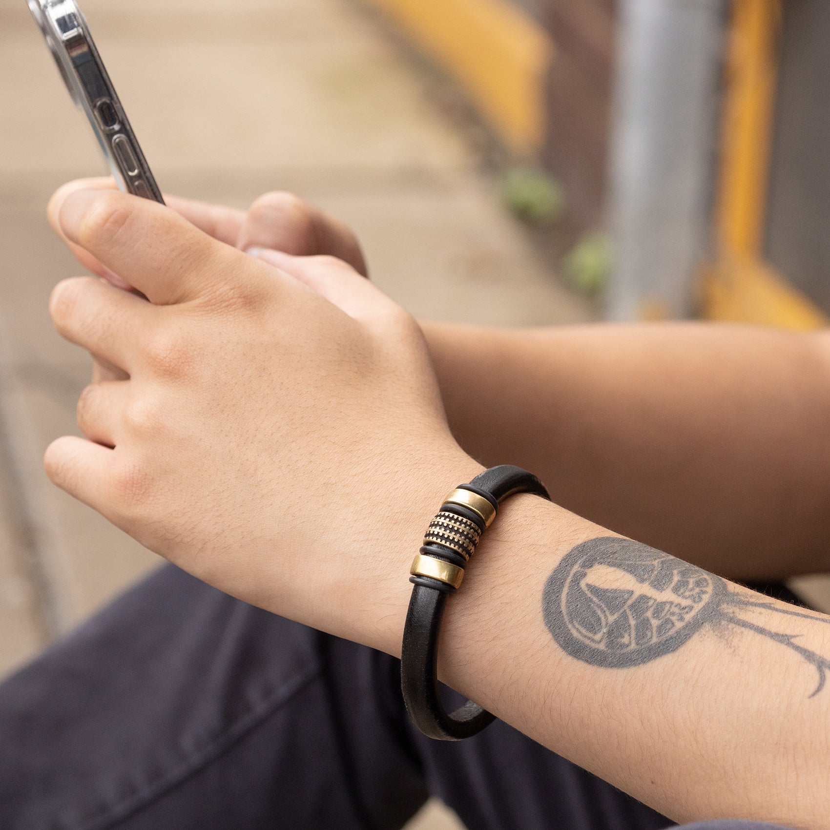 Black Leather Brass Bracelet, Durable Magnetic Clasp, Unisex