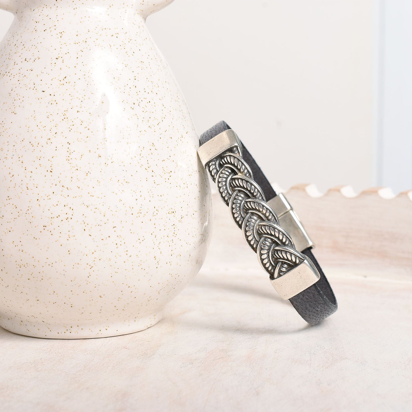 Men's Braided Silver Gray Leather Bracelet