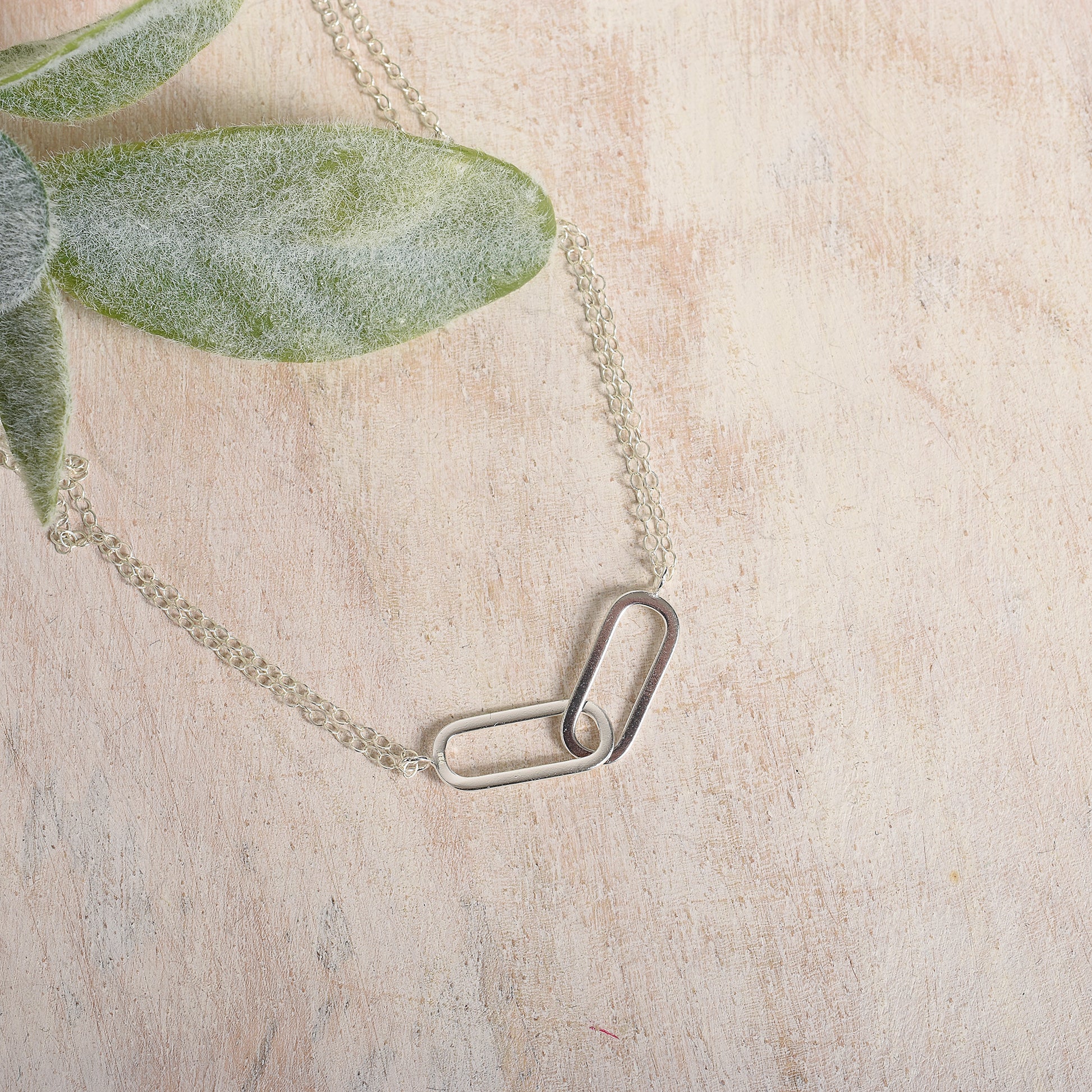 Flatlay of a paperclip pendant necklace 
