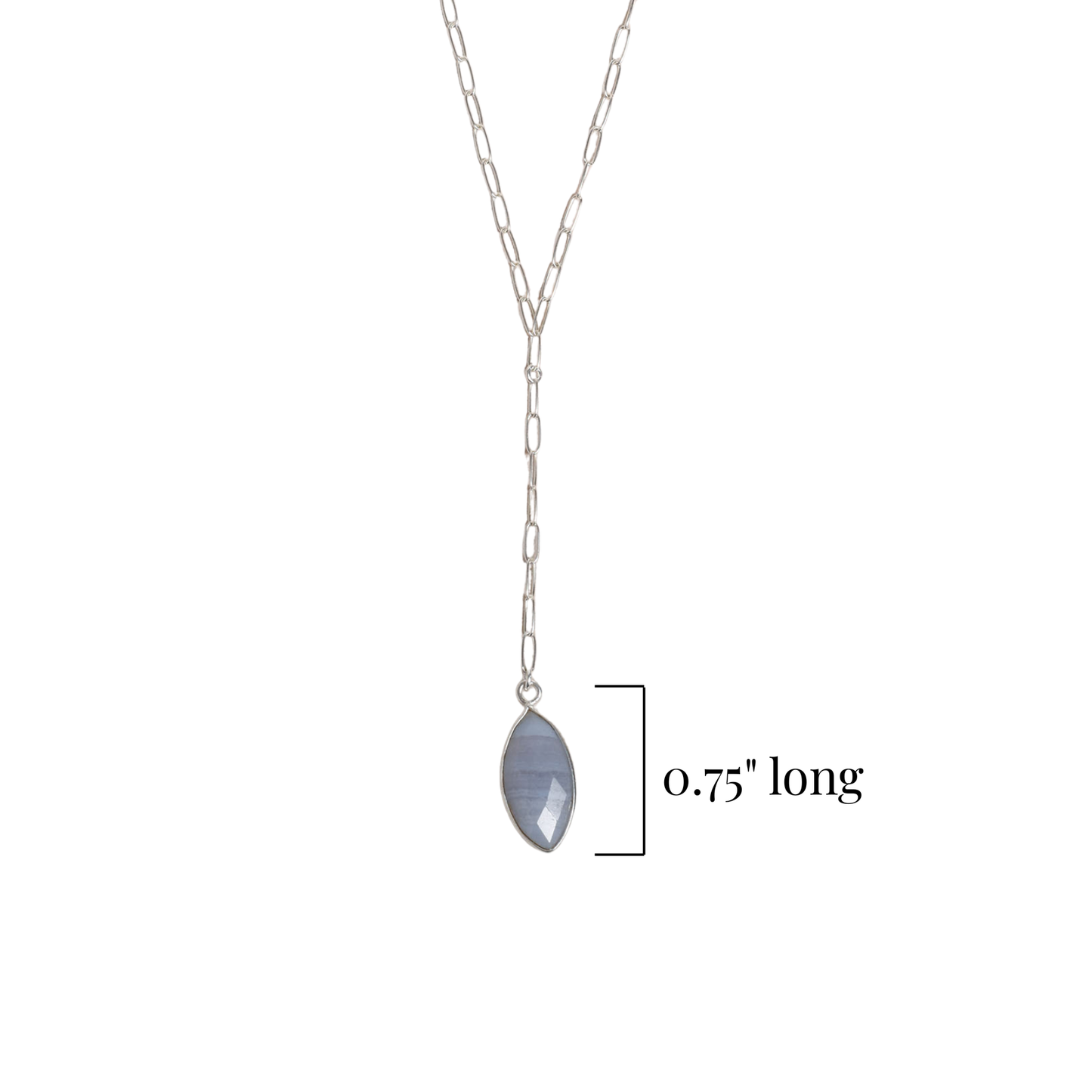 Silver necklace with a marquise-shaped blue lace agate pendant on a white background
