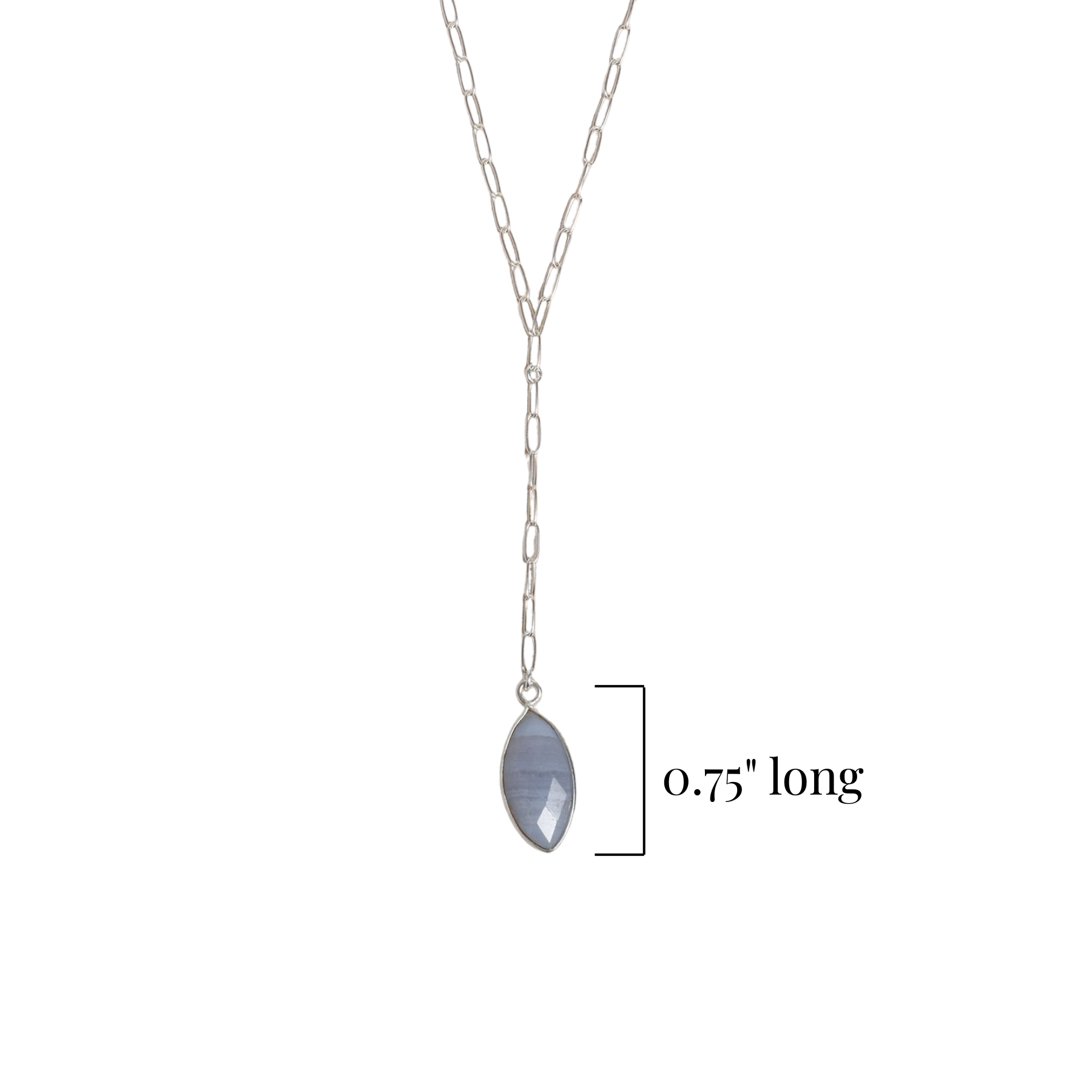 Silver necklace with a marquise-shaped blue lace agate pendant on a white background