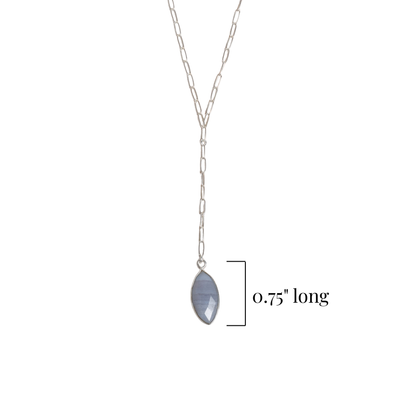 Silver necklace with a marquise-shaped blue lace agate pendant on a white background