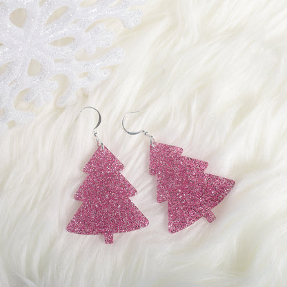 Pink Glittery Christmas Tree Earrings