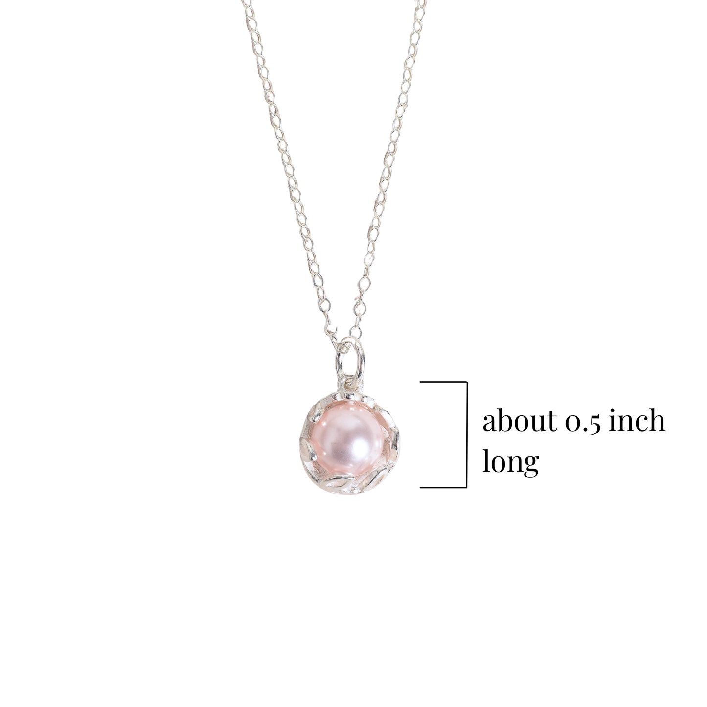 Pink pearl pendant measurements on a white background