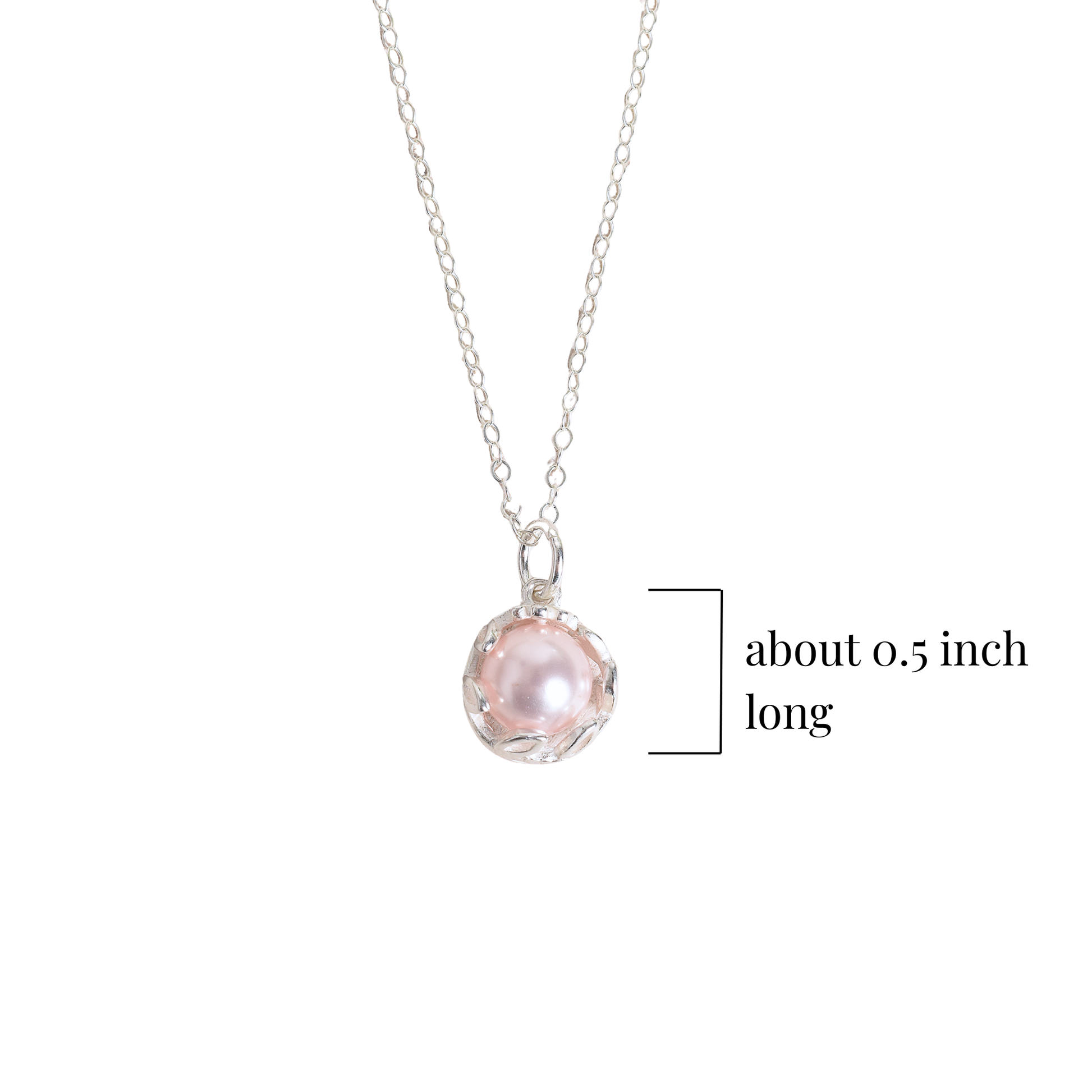 Pink pearl pendant measurements on a white background
