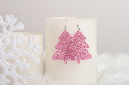 Pink Glittery Christmas Tree Earrings