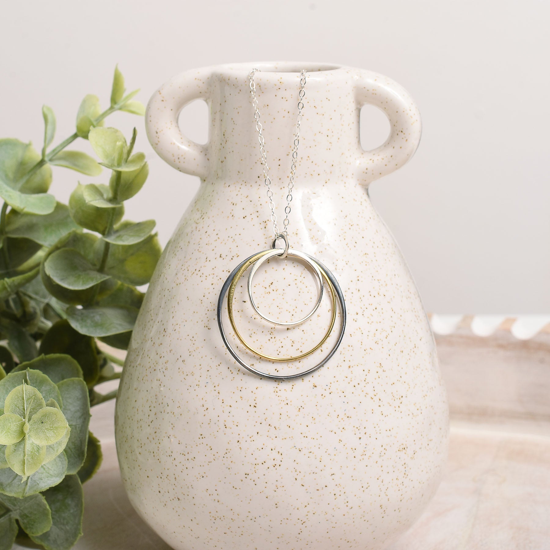 Necklace with circular pendants on a white speckled vase next to a green plant
