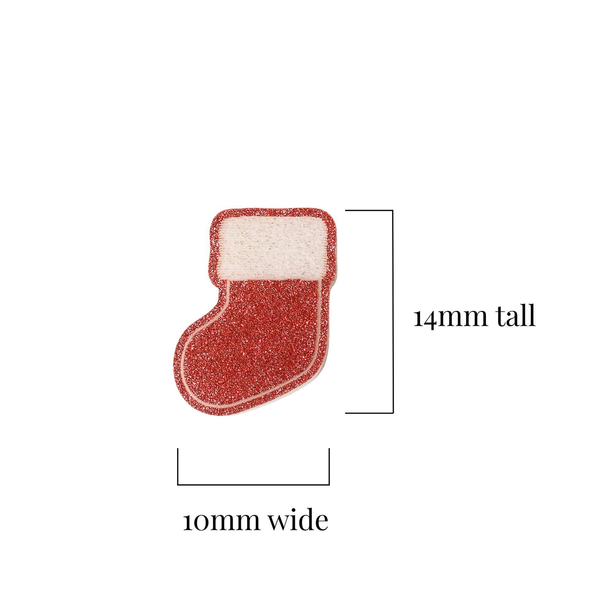 A small red glitter stocking-shaped earring, shown on a white background with dimension lines indicating 14mm tall and 10mm wide.
