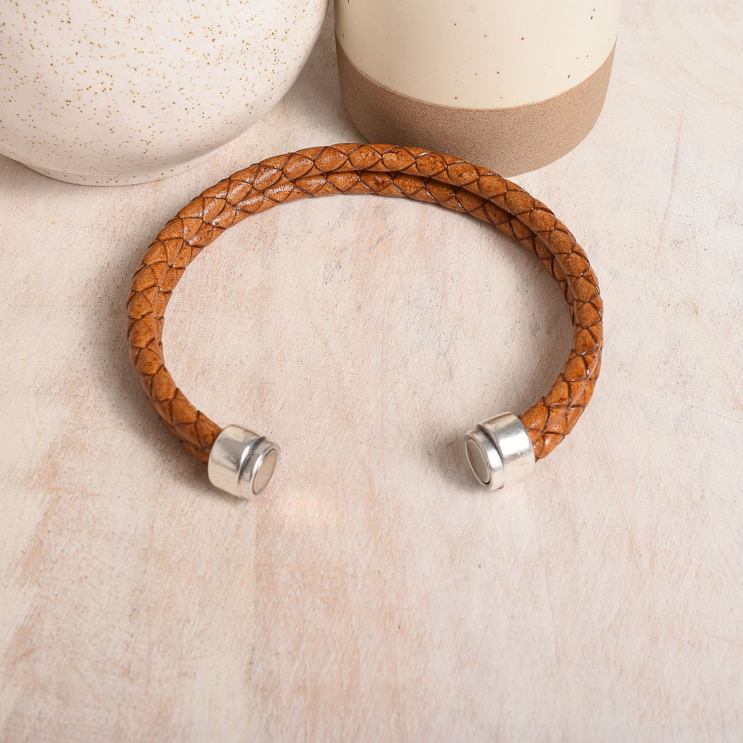 Trendy round tan braided leather with easy to use magnetic clasp