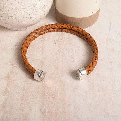 Trendy round tan braided leather with easy to use magnetic clasp
