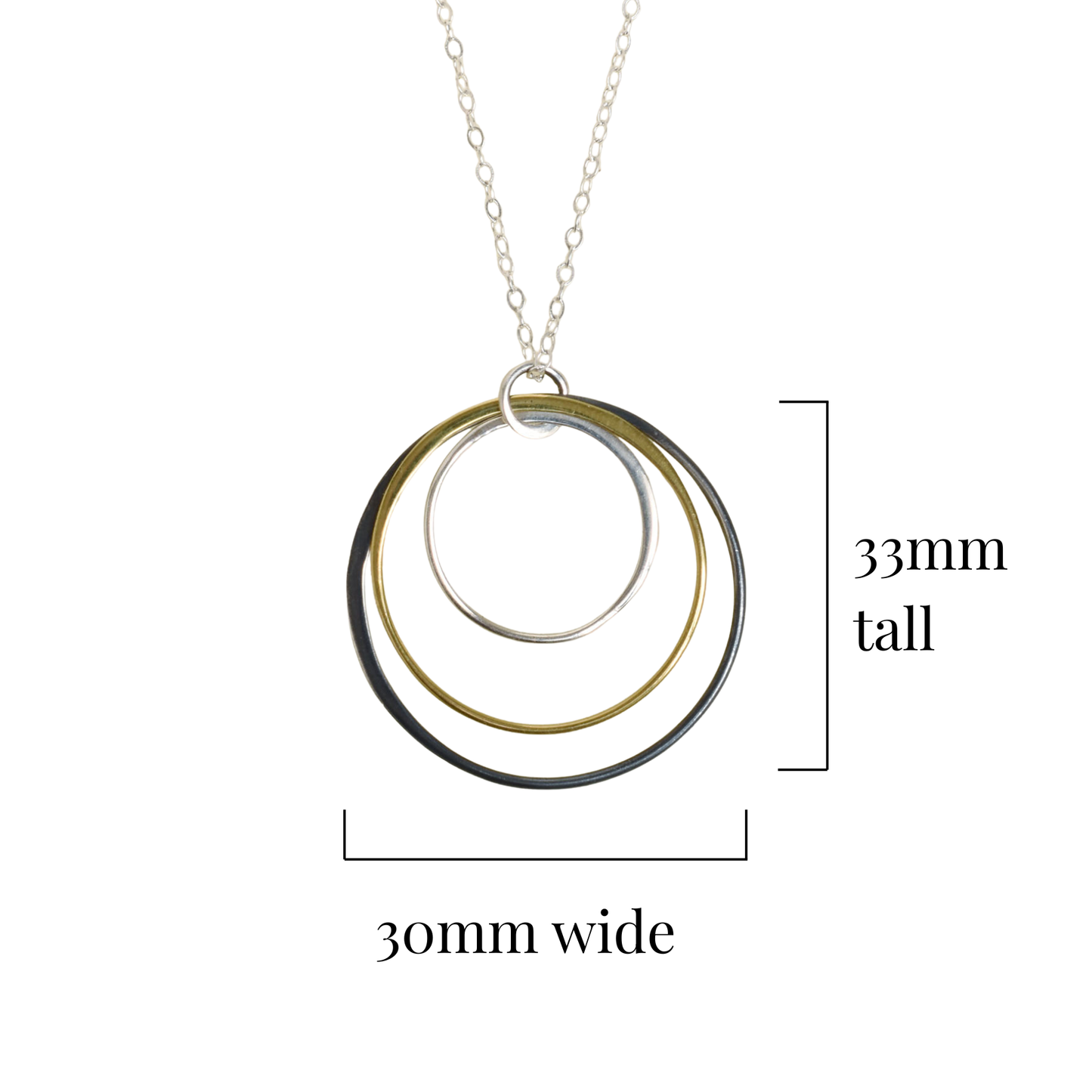 Necklace with circular pendant and measurements on a white background