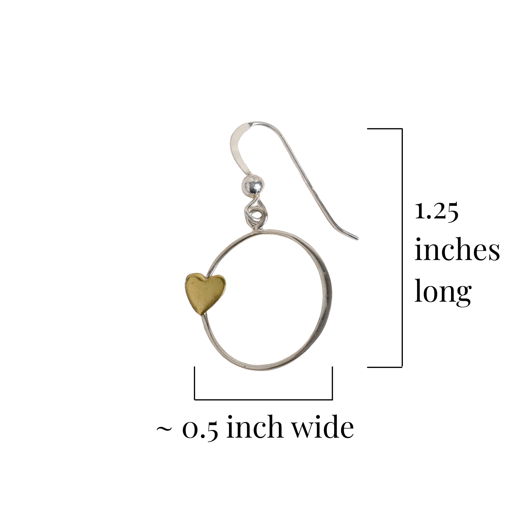 Earring with a bronze heart charm and measurements on a white background