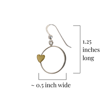 Earring with a bronze heart charm and measurements on a white background