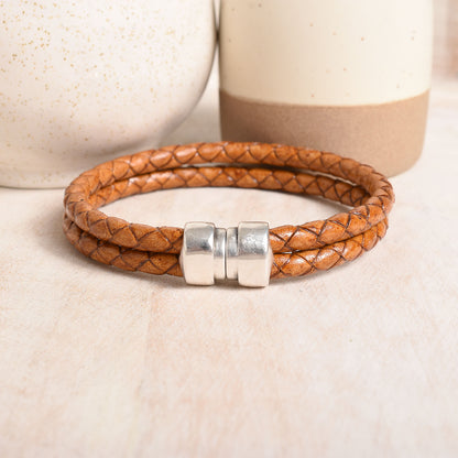 Braided leather bracelet for men in a rich tan color