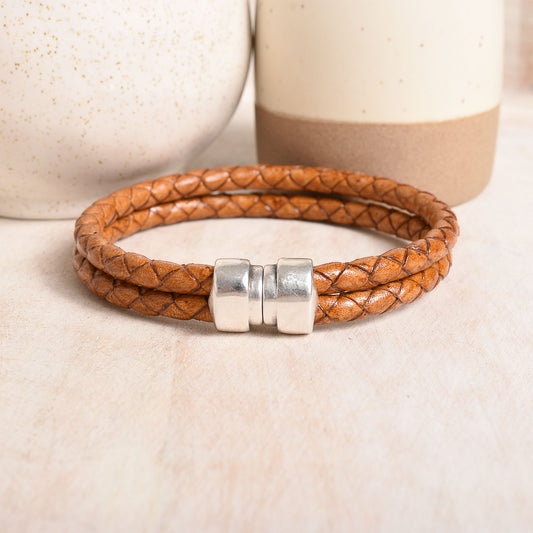 Braided leather bracelet for men in a rich tan color