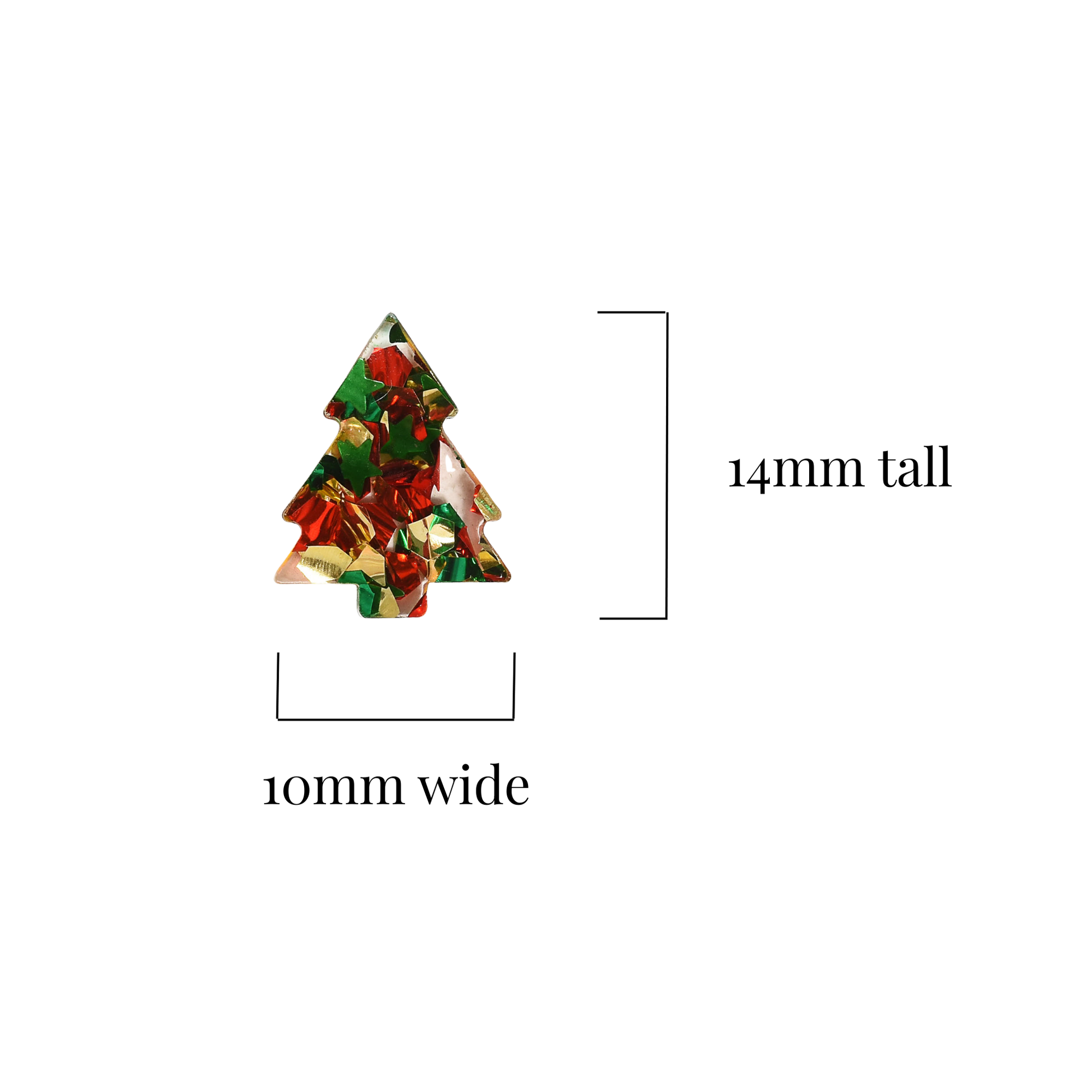 Christmas tree stud earring measurements on a white background 