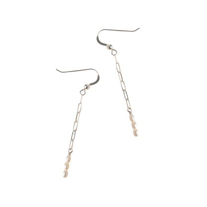 Pair of silver chain earrings on a white background
