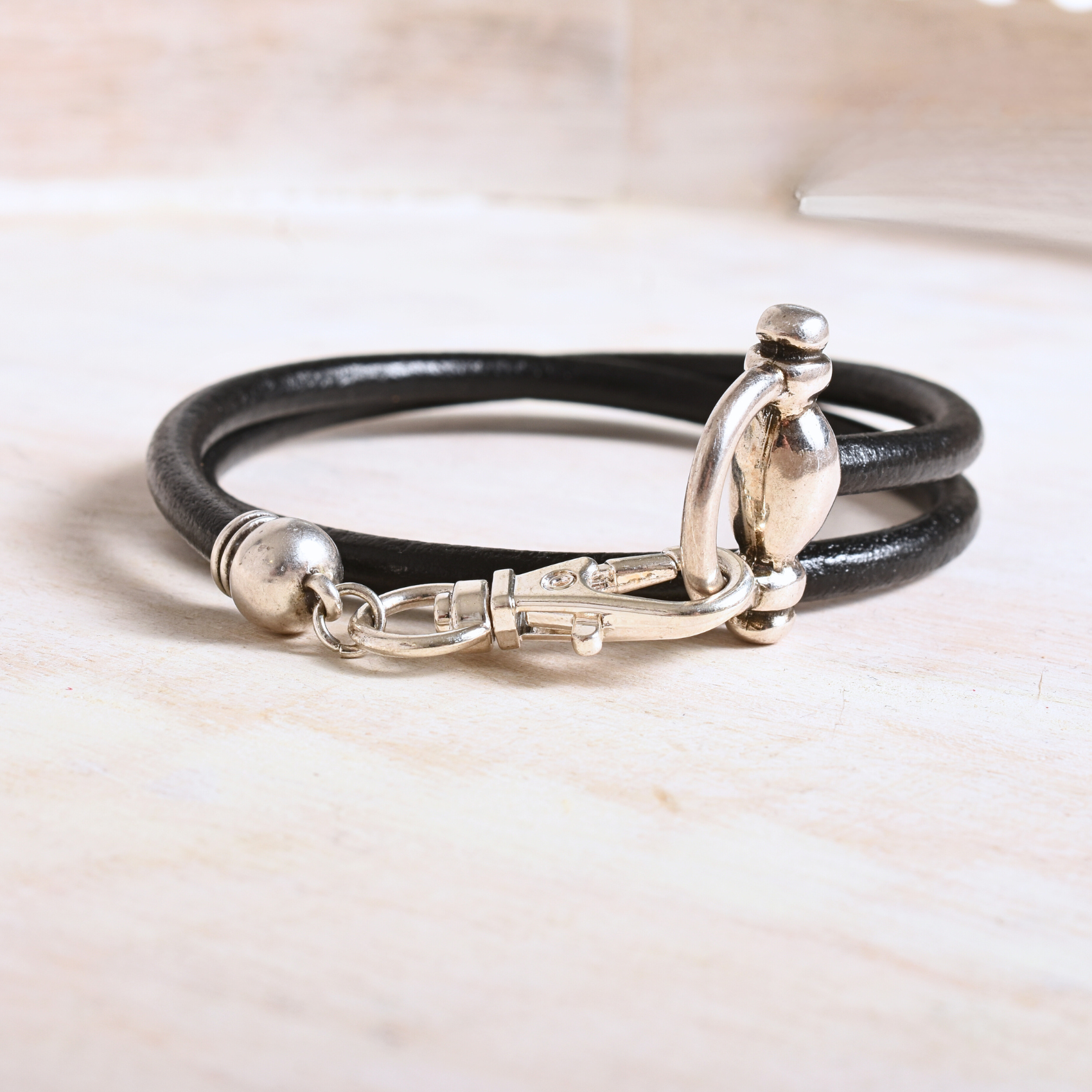 Round Black Leather Wrap Bracelet