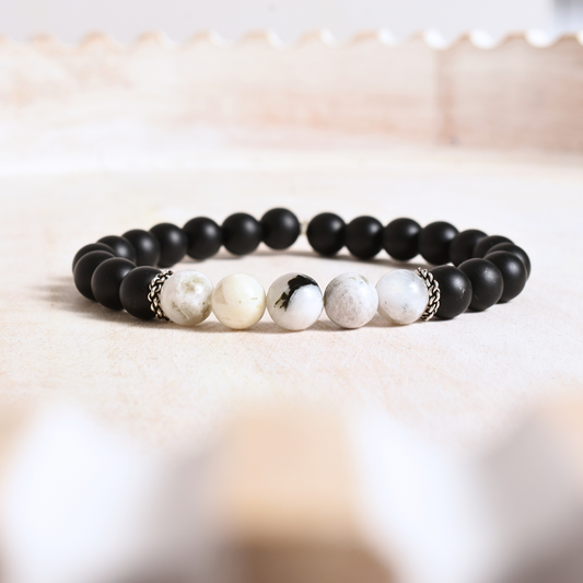 Moonstone and Onyx Beaded Bracelet